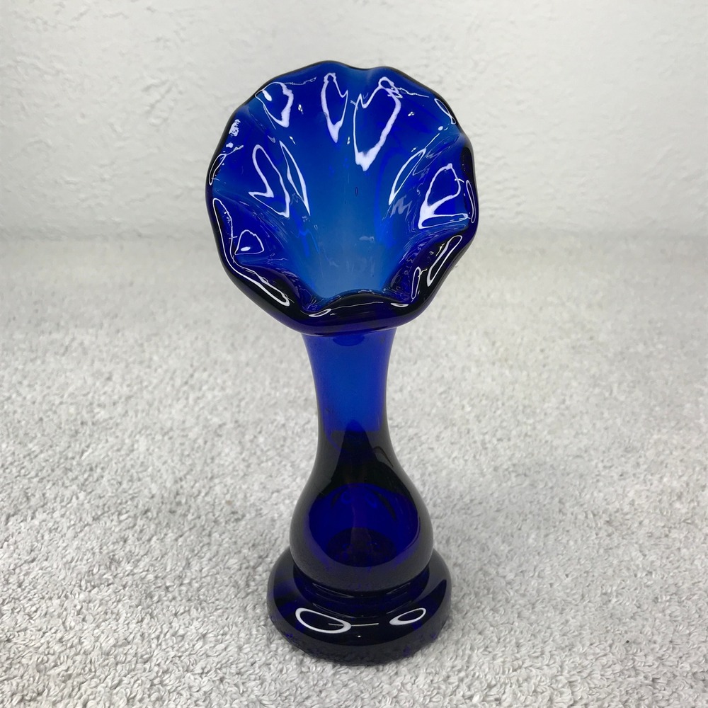 Small Cobalt Blue Swung Pedestal Hand Blown Ruffled Rim Art Glass Bud Vase 7"